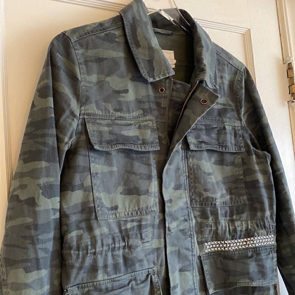 Caslon Nordstrom Camo Green Utility Jacket Zip Snap Closure Size S Petite - Picture 6 of 11